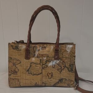 Patricia Nash Rienzo Leather European Map Satchel Shoulder Bag w/Crossbody Strap